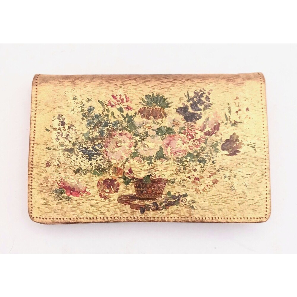 Rare VTG Saint Yves Paris Gold Foiled Leather Bifold Clutch w Hand Strap Floral